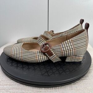 LifeStride Women 6.5M Plaid Mary Jane Shoes Brown Buckle Block Heel Academia